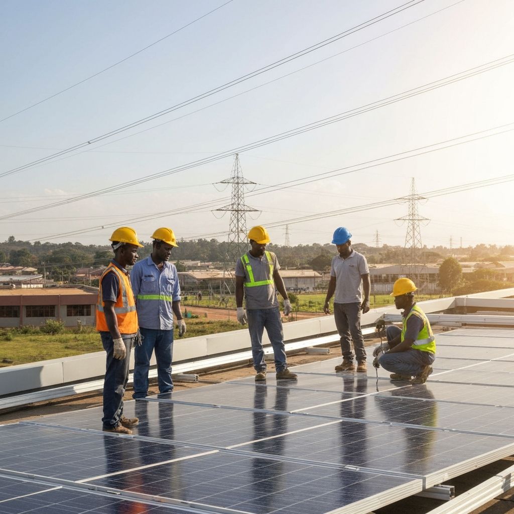Electricians working on solar installations and power infrastructure